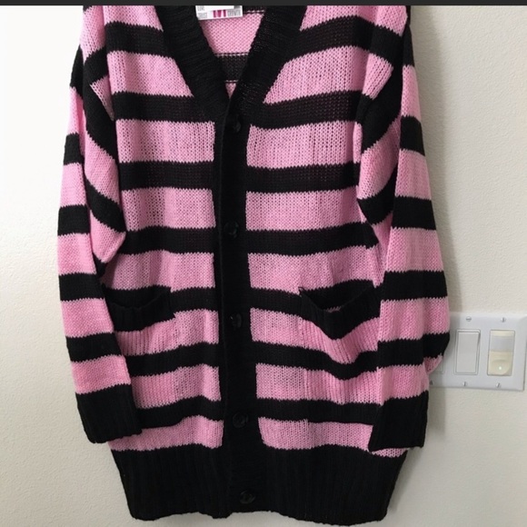 Lularoe Stripe Lucille Cardigan Button Pink/Black - Picture 2 of 13
